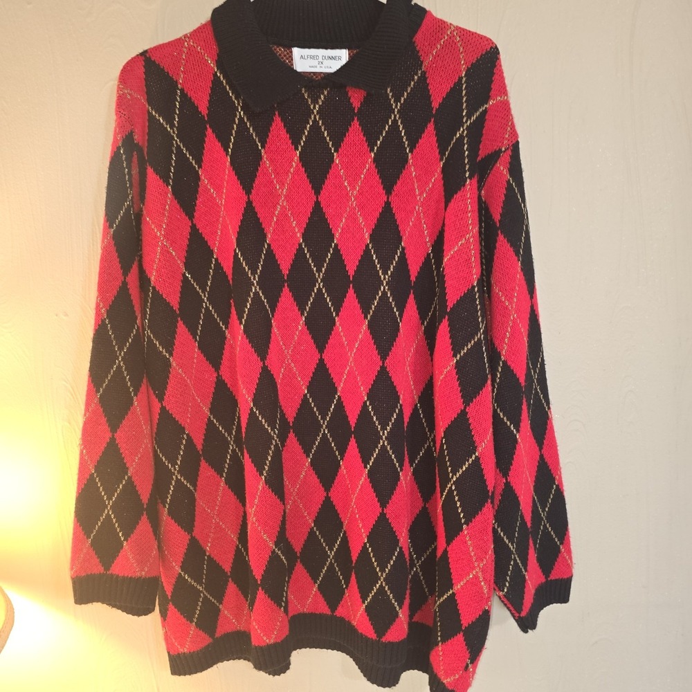 Vintage 90s Alfred Dunner Womens Checkered Sweater, Black & Red 2xl Holiday USA